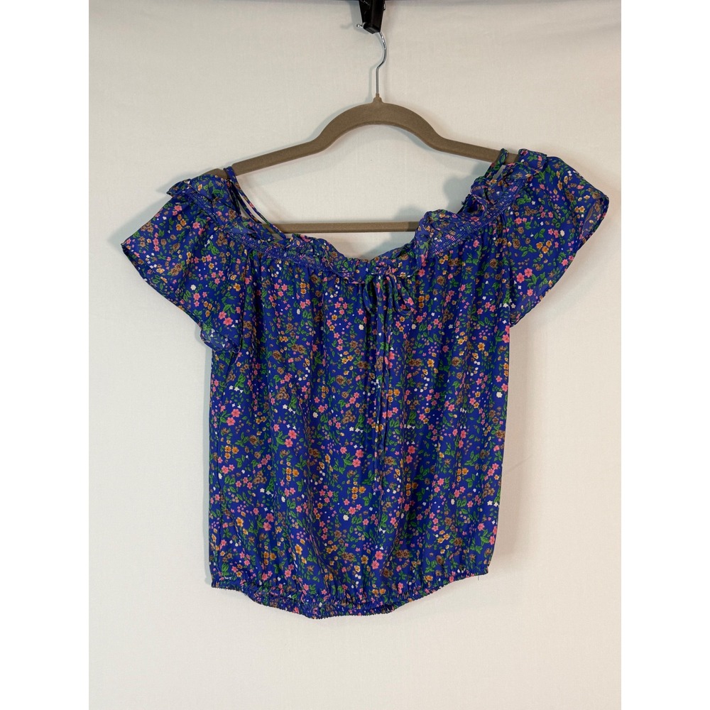Sienna Sky Blue Floral Off Shoulder Ruffle Bubble Hem Blouse Small‎